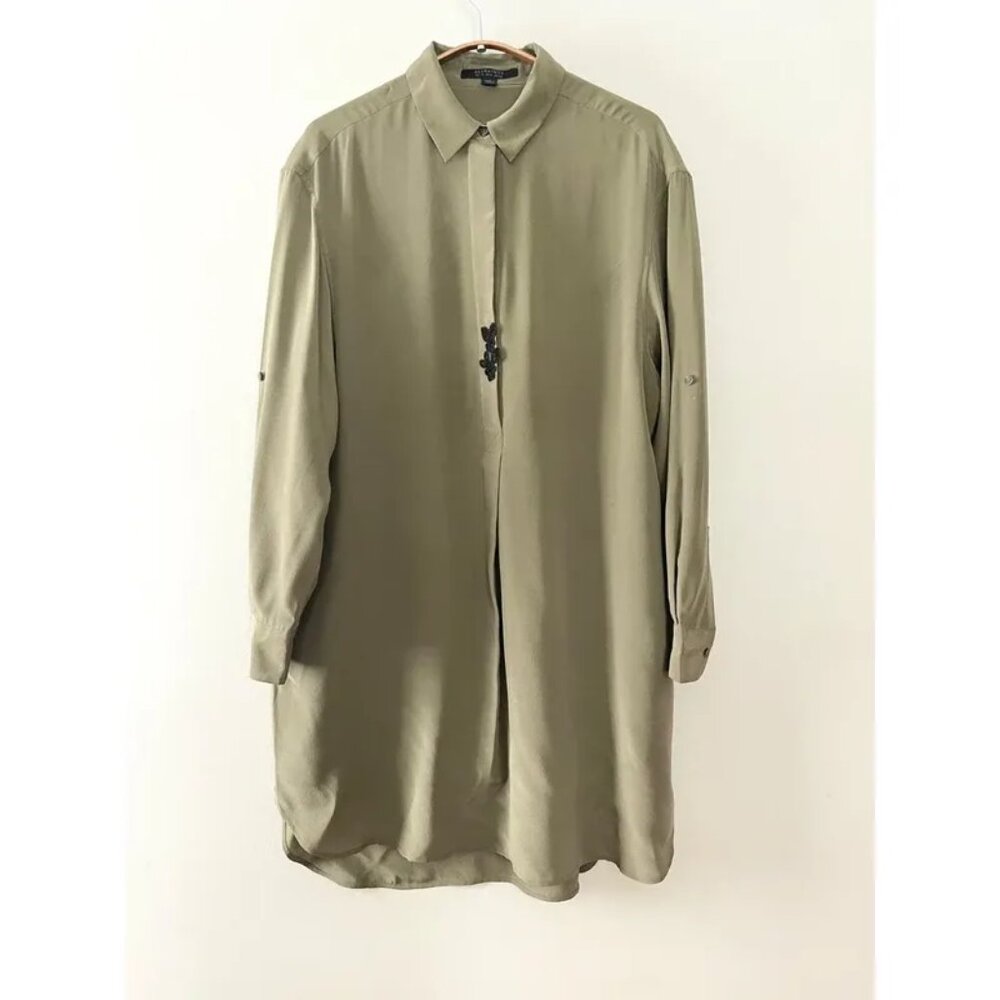 AllSaints Alex Silk Shirt Tunic Dress Olive Green Black Applique UK 10 US 6 - Picture 4 of 16